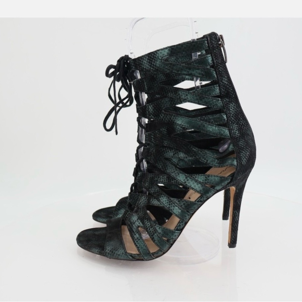 Via Spiga Teaira Women's Size 9.5 Green Snake Suede Gladiator Caged Heels Shoes